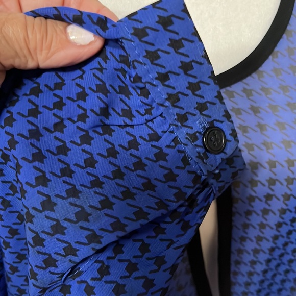 Democracy royal blue/black houndstooth with black trim, sheer oversized blouse L - Picture 3 of 6